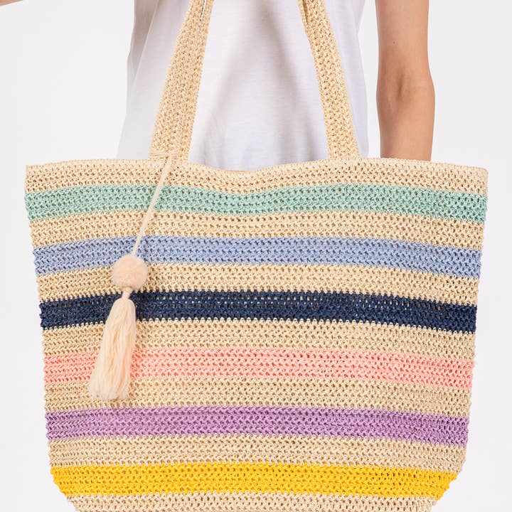 MiMi Wholesale - Wholesale Tote Bag - Women's - Amara Striped Crochet Women's Tote Bag with Tassel14