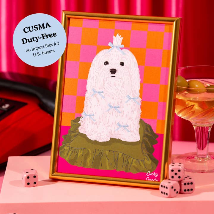 Dog with Bows on a Silk Pillow Portrait Print for wholesale by Lucky Goods Paper