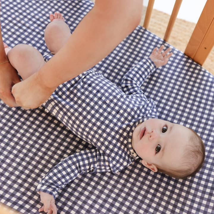 Fitted Cot Sheet - Navy Gingham for wholesale on Faire1