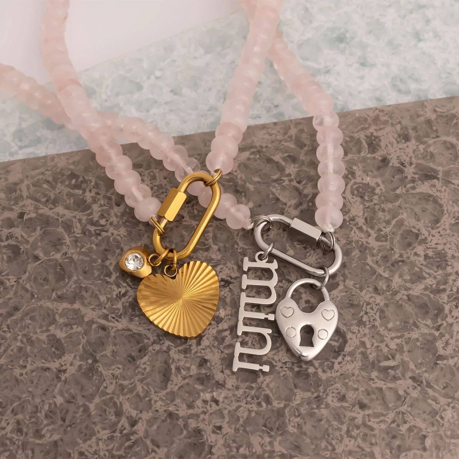 WJW - Wholesale Beaded/Pearl Necklace - Stainless Steel Pink Chunky Glass Bead Carabiner Necklace4