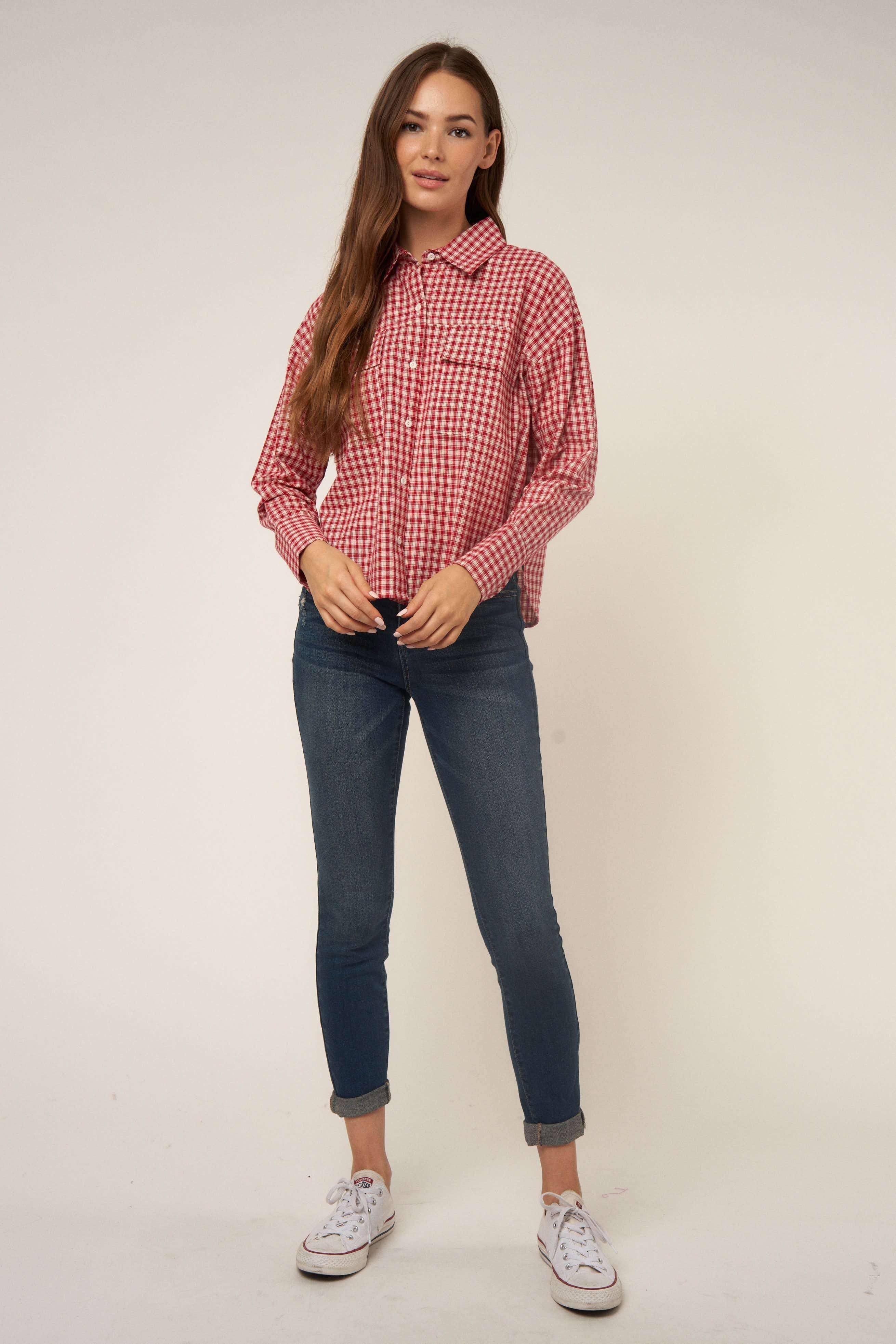 WINE SMALL GINGHAM BUTTON DOWN SHIRT for wholesale on Faire8