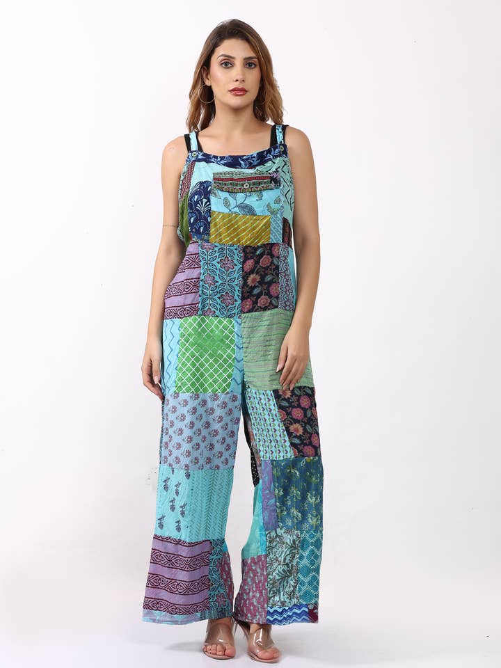 Wevez - Vente Combinaison – femme - Combinaison à jambes larges avec poches patchwork et motif floral pour femmes4