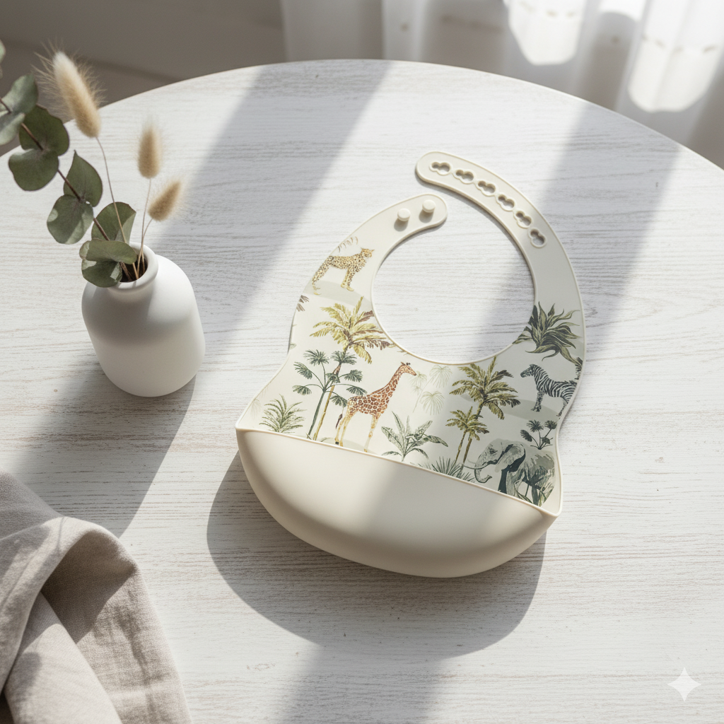 Rammelaartje - Wholesale Bib - Baby - Bestseller Silicone bib with tray Jungle - Beige5