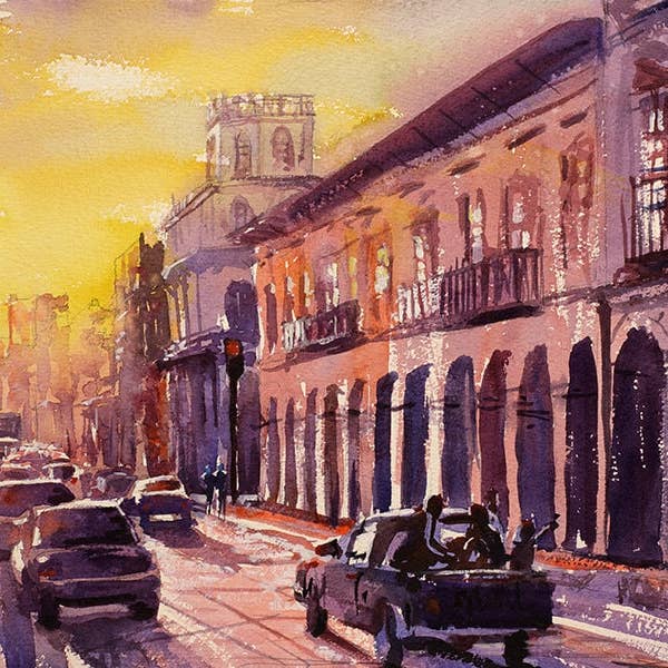 Acuarela de la ciudad de Cuenca al atardecer- Ecuador. Acuarela Cuenca, impresión artística, decoración del hogar, paisaje artístico de Ecuador para venta al por mayor de Ryan Fox Fine Art
