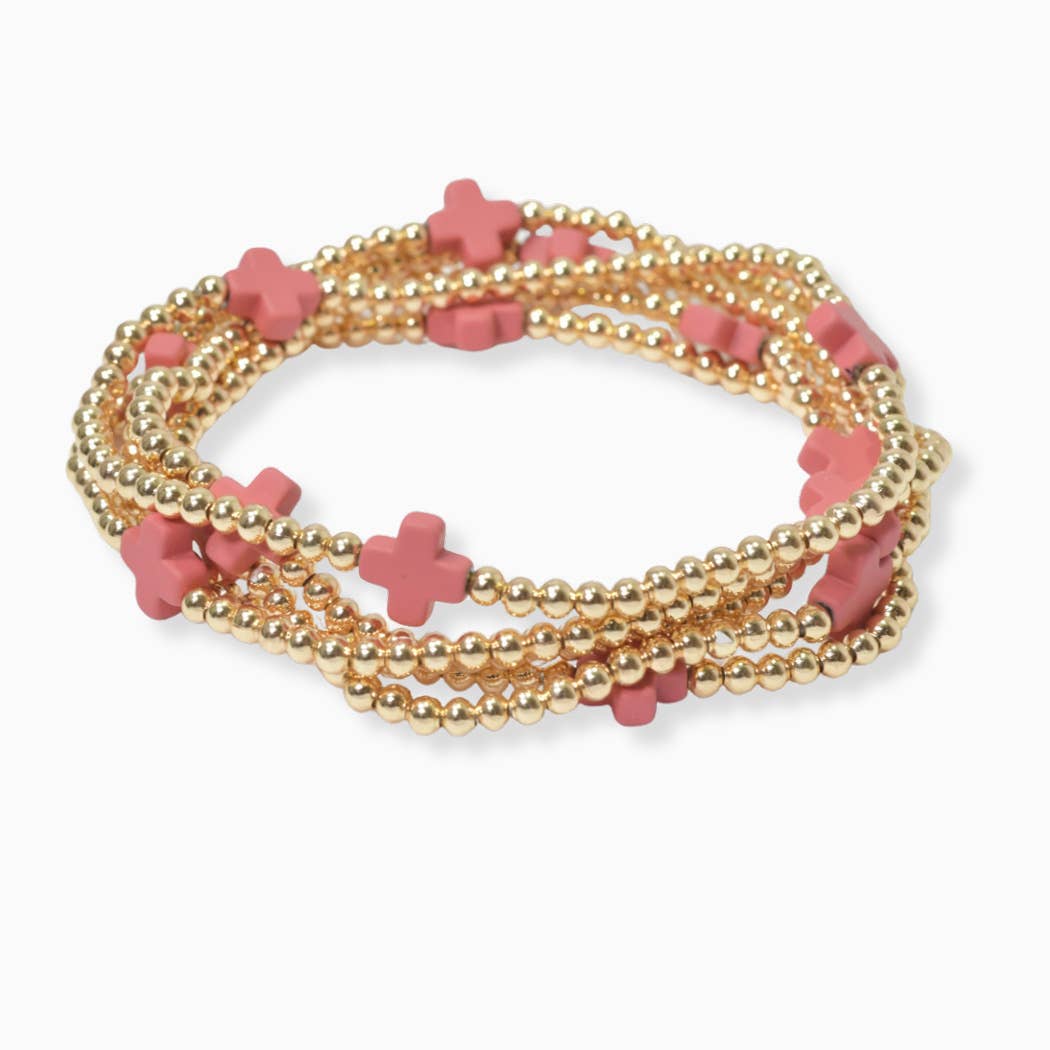 SOPHIA WHOLESALE - Wholesale Beaded Bracelet - Multi layered gold bead stretch bracelet with cross accent n9