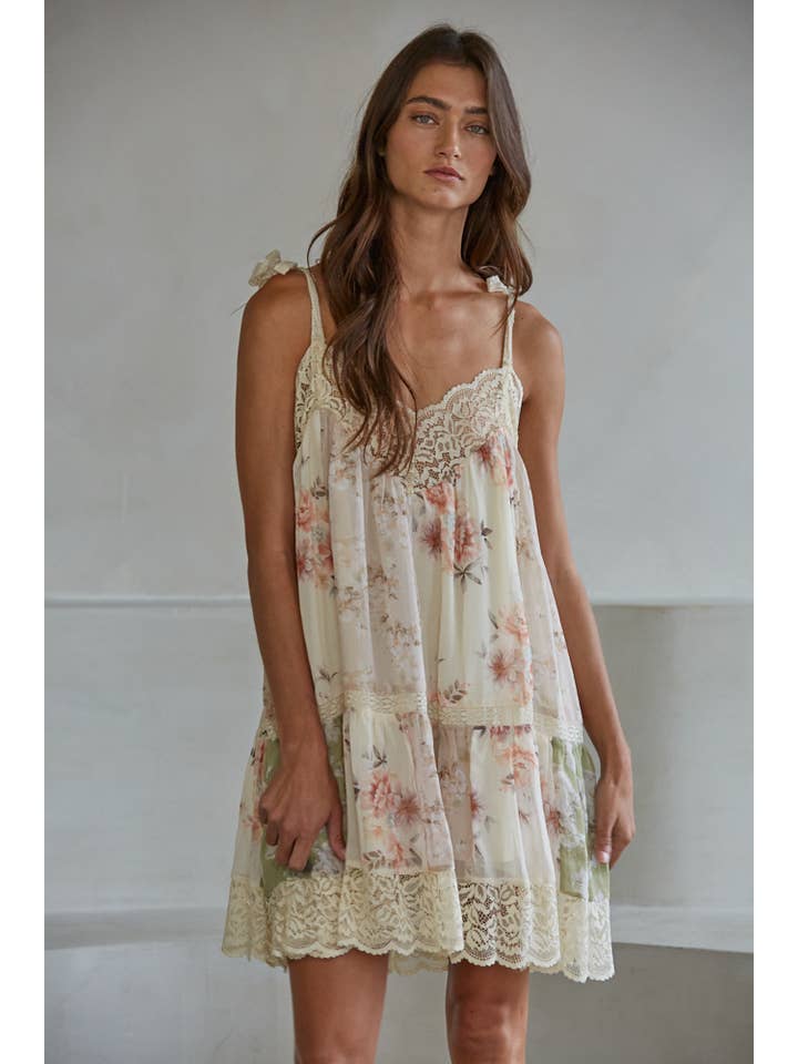 Beige Multi L9554 | Woven Polyester Chiffon Floral Print Mini Dress for wholesale on Faire2