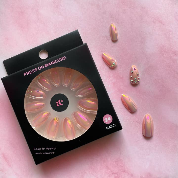 Pink chrome press on nails with rhinestones for wholesale by All Things Chic