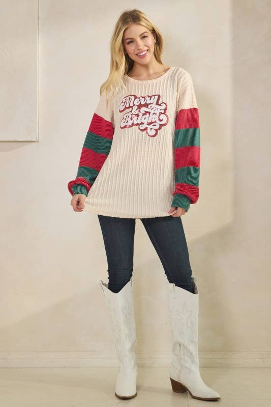 NATURALE ET7998-11 MAGLIA FESTIVA CON MANICHE A BLOCCHI DI COLORE E PATCH DI PAILLETTES in vendita all'ingrosso su Faire3