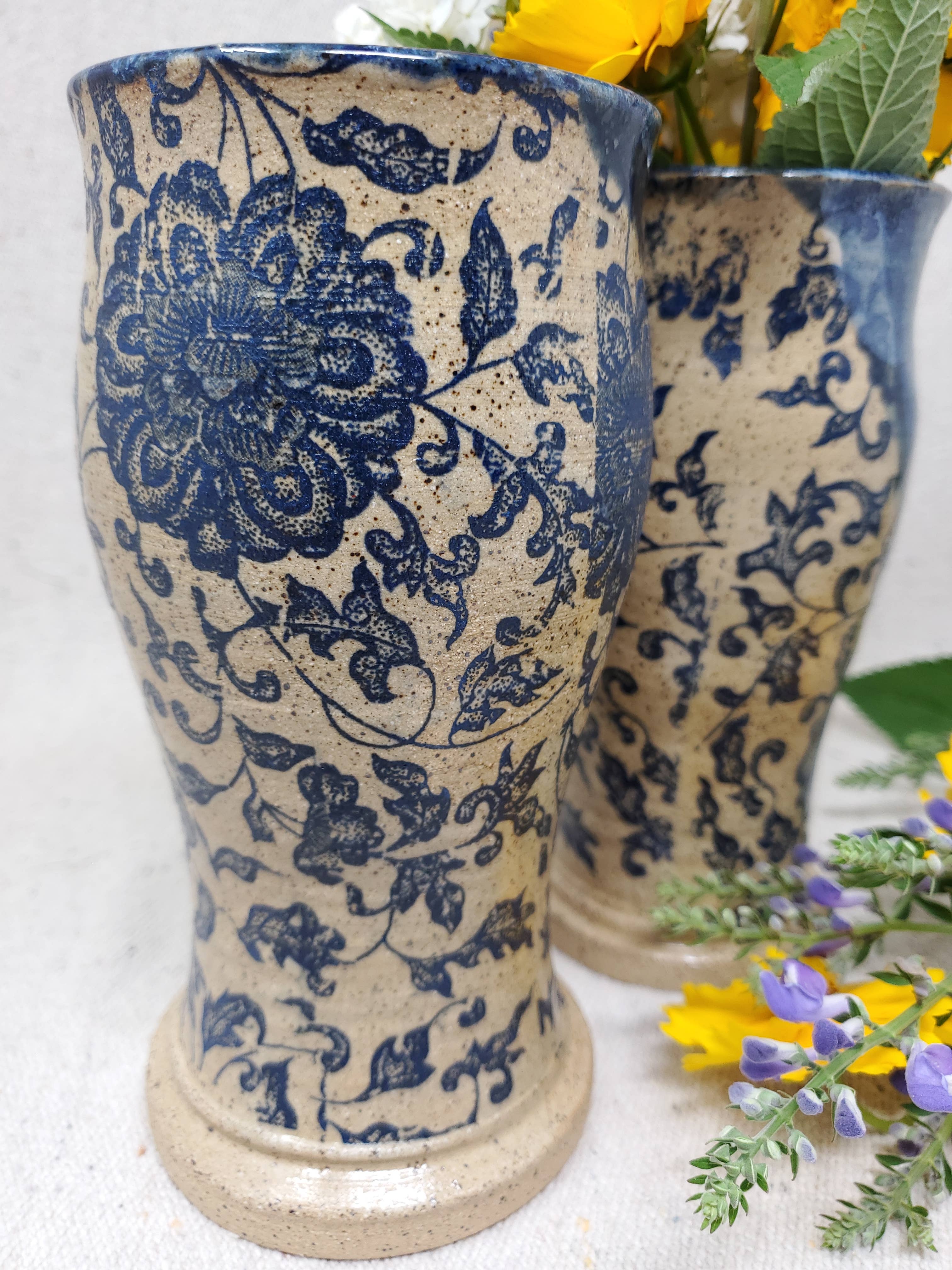Turtle Hollow Pottery - Wholesale Vase - Vase in Rustic Blue Floral 1