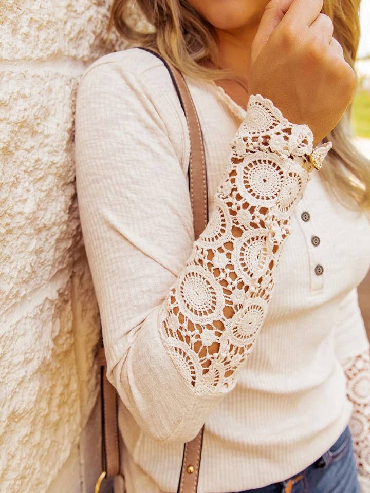 Beige Crochet Lace Hem Sleeve Button Top for wholesale on Faire2