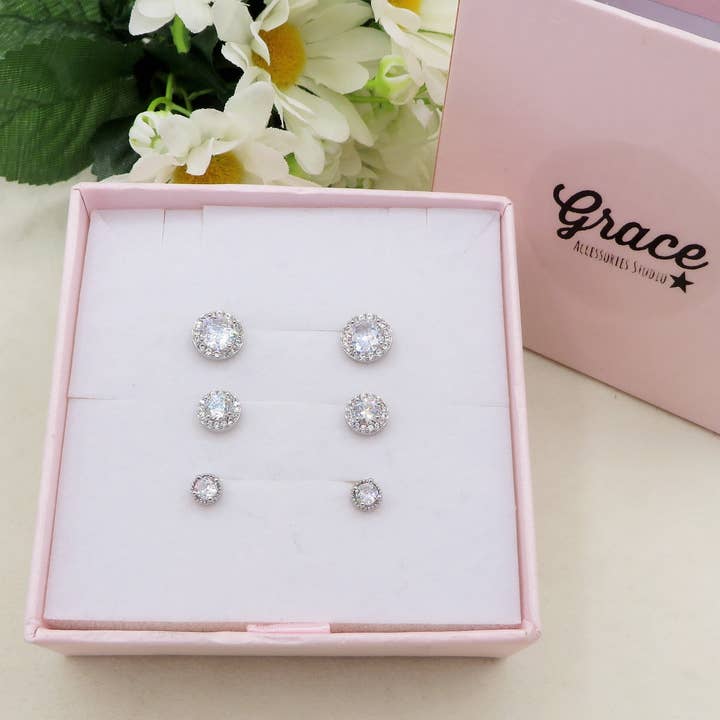 Daemon srls - Vente Parures de bijoux - DELILAH Set de 3 paires - Boucles d'oreilles clous en zirconium cubique