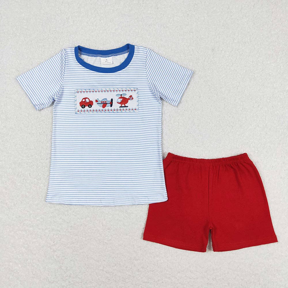 Aier Wholesale - Vente Ensemble de vêtements – bébé - Ensembles de vêtements Transpotation, frère et sœur à rayures bleues pour bébés garçons0