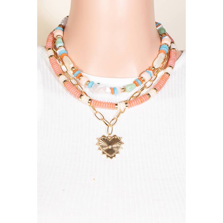 Anarchy Street - Wholesale Pendant/Charm Necklace - Single Stud Heart Layered Mixed Beaded And Chains Necklace