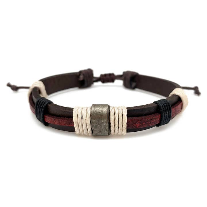 Aadi Red & Brown Leather Cream Twine Pull Tie Men's Bracelet for wholesale by Anju Jewelry