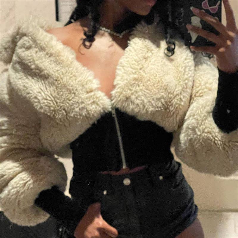 CREAMKAHKI Veste courte en peluche MB FASHION à taille côtelée 5200LY en vente sur Faire12