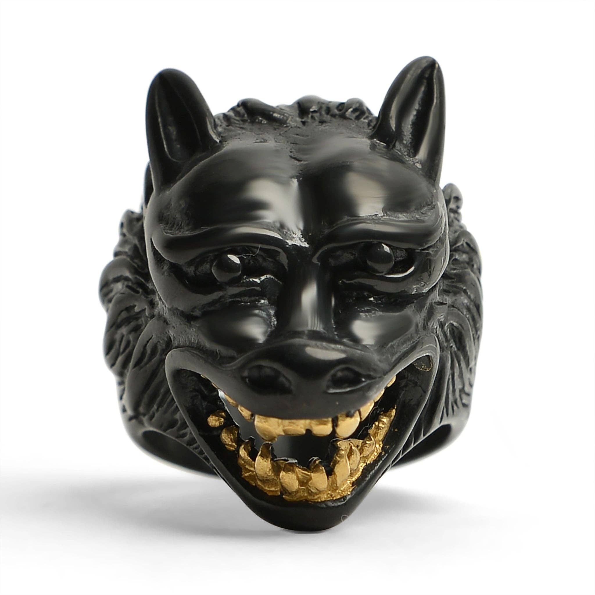 WJW - Wholesale Cocktail/Statement Ring - Stainless Steel Black Wolf With 18K Gold PVD Coated Teeth Ring1