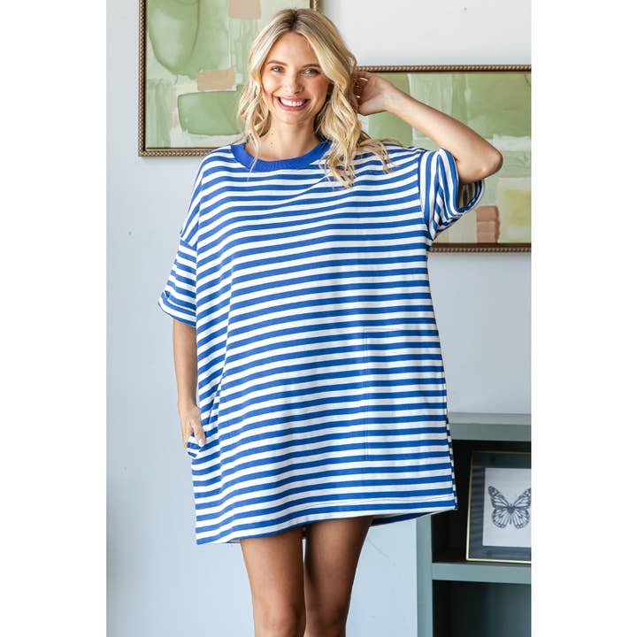 Veveret - Wholesale Dress - Women's - Stripe Knit Pullover Oversized Tee Dress