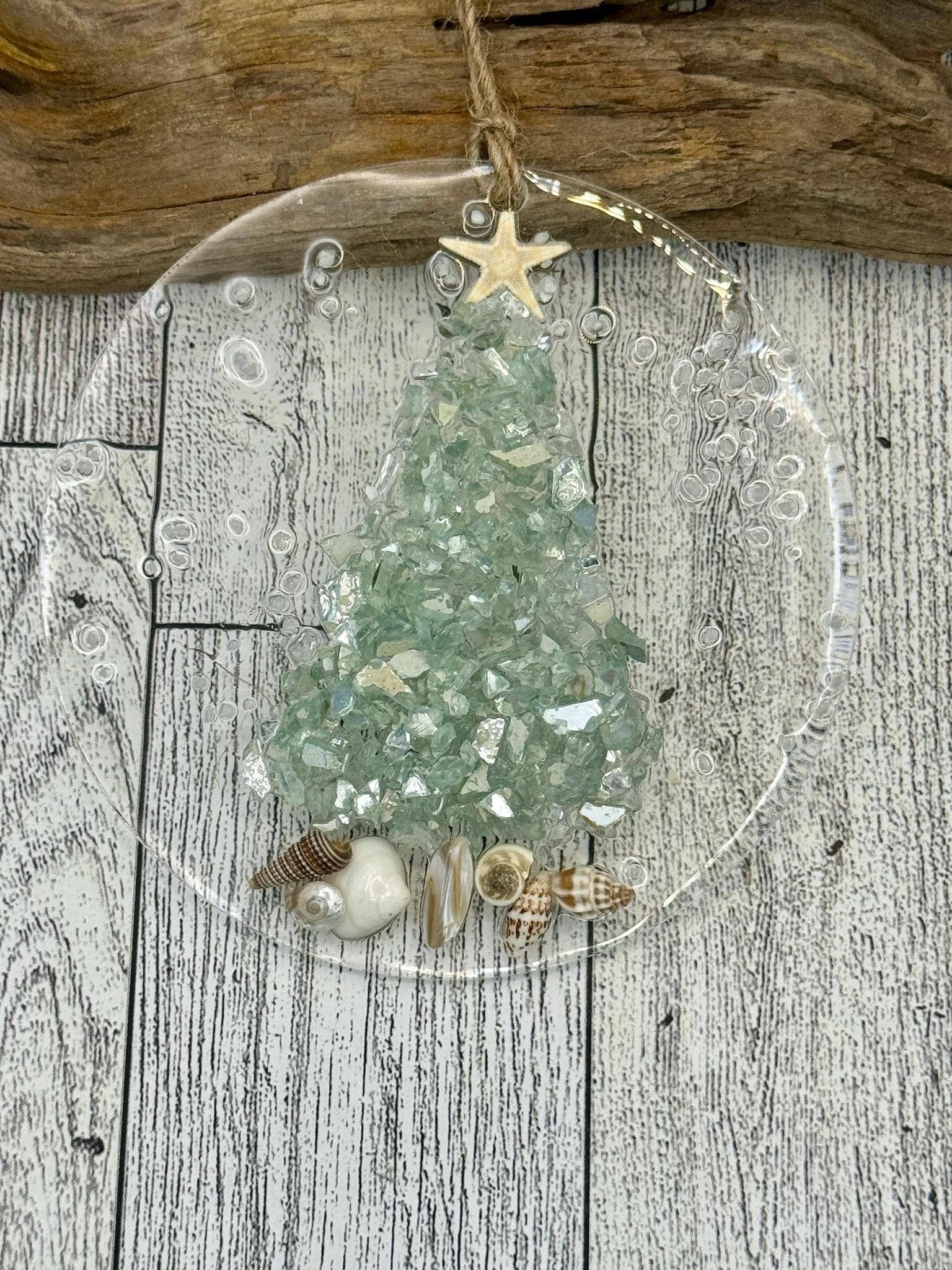 Sea Dreams Coastal Art - Wholesale Ornament - Coastal Christmas Ornament- Aqua  Christmas Tree w/ shells , Beachy Christmas,starfish, Handmade, glass ornament,resin art, Beachy ornament3