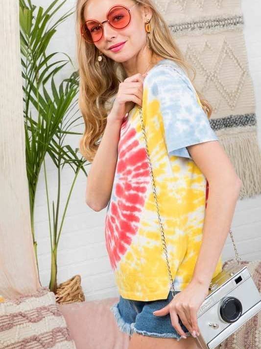 Round Neck Short Sleeve Tie Dye Printed Top. for wholesale by Main Strip