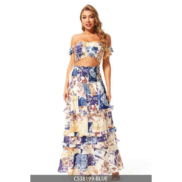 Floral Printed Top And Maxi Skirt Set for wholesale by Chicways