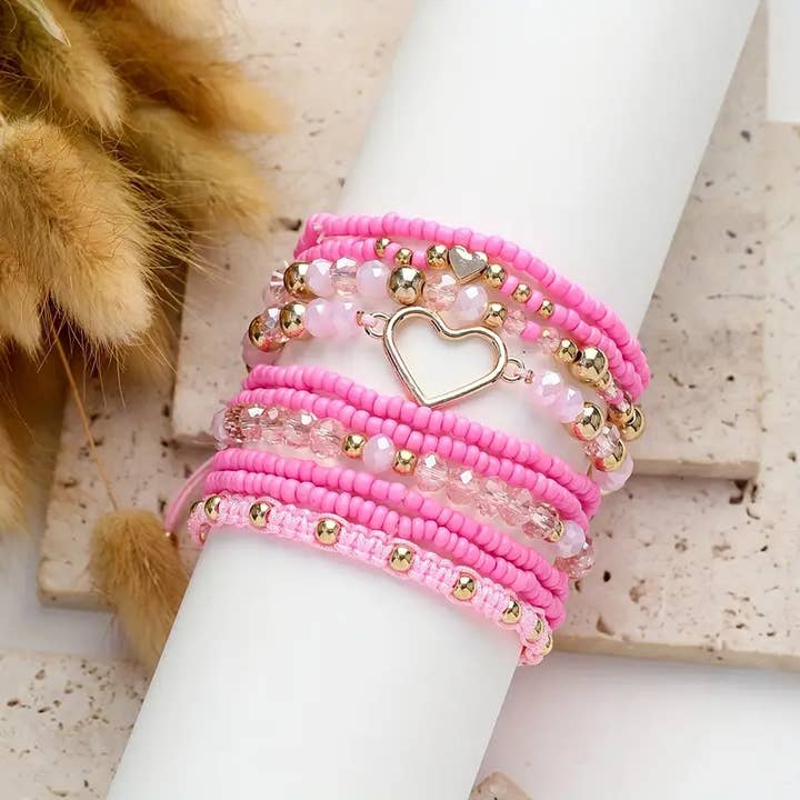 Kate Tuesday Jewelry - Wholesale Jewelry Set - Gold Heart Pink Beaded Valentines Bracelet Set1