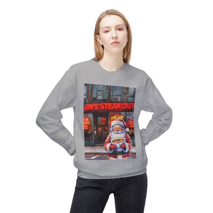Buffalovely - Wholesale Graphic Sweatshirt - Unisex - Santa with a Hoagie at Jim's Steakout Unisex Cozy Crewneck Sweatshirt23