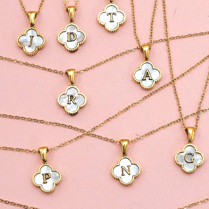 18K STAINLESS STEEL MOP CLOVER INITIAL NECKLACE | 40NK9487 and other Purchase Wholesale hielo. Free Returns & Net 60 Terms on Faire trending on Faire.