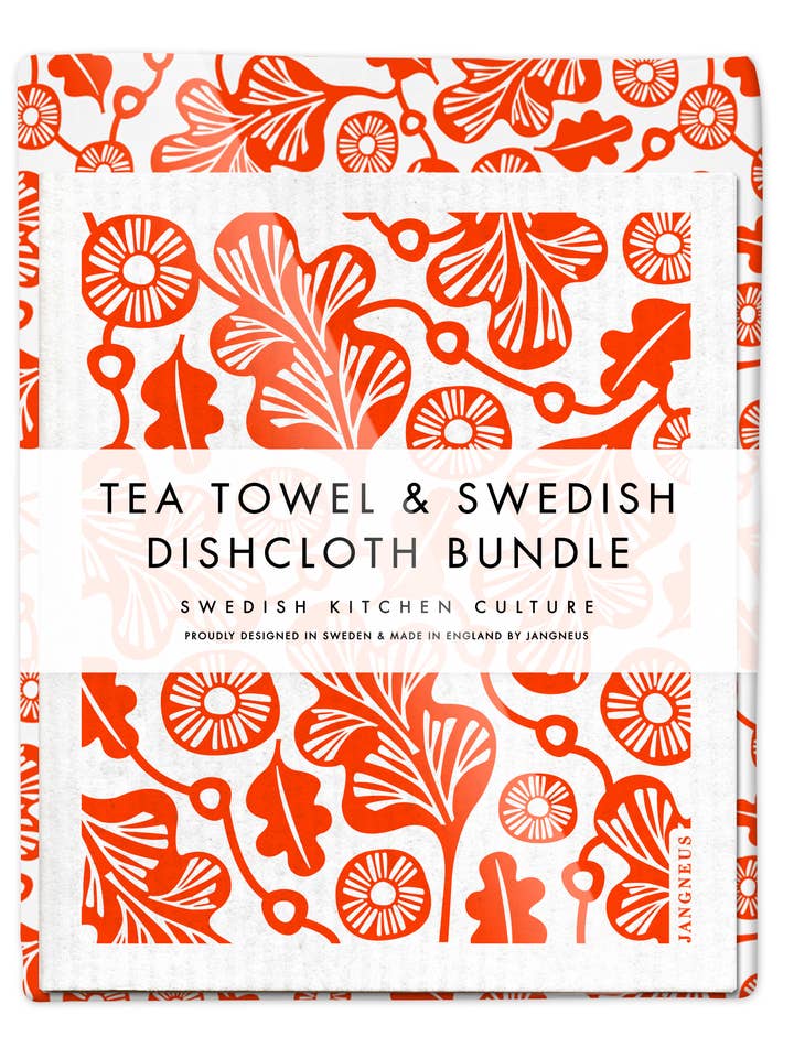 Swedish Dishcloth & Tea Towel Bundle - Oak Leaf - Orange for wholesale by Jangneus