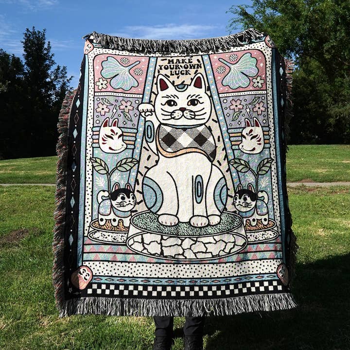 Fortune Cat Maneki Neko Woven Throw Blanket Jacquard Fringe for wholesale by Relatable Basic