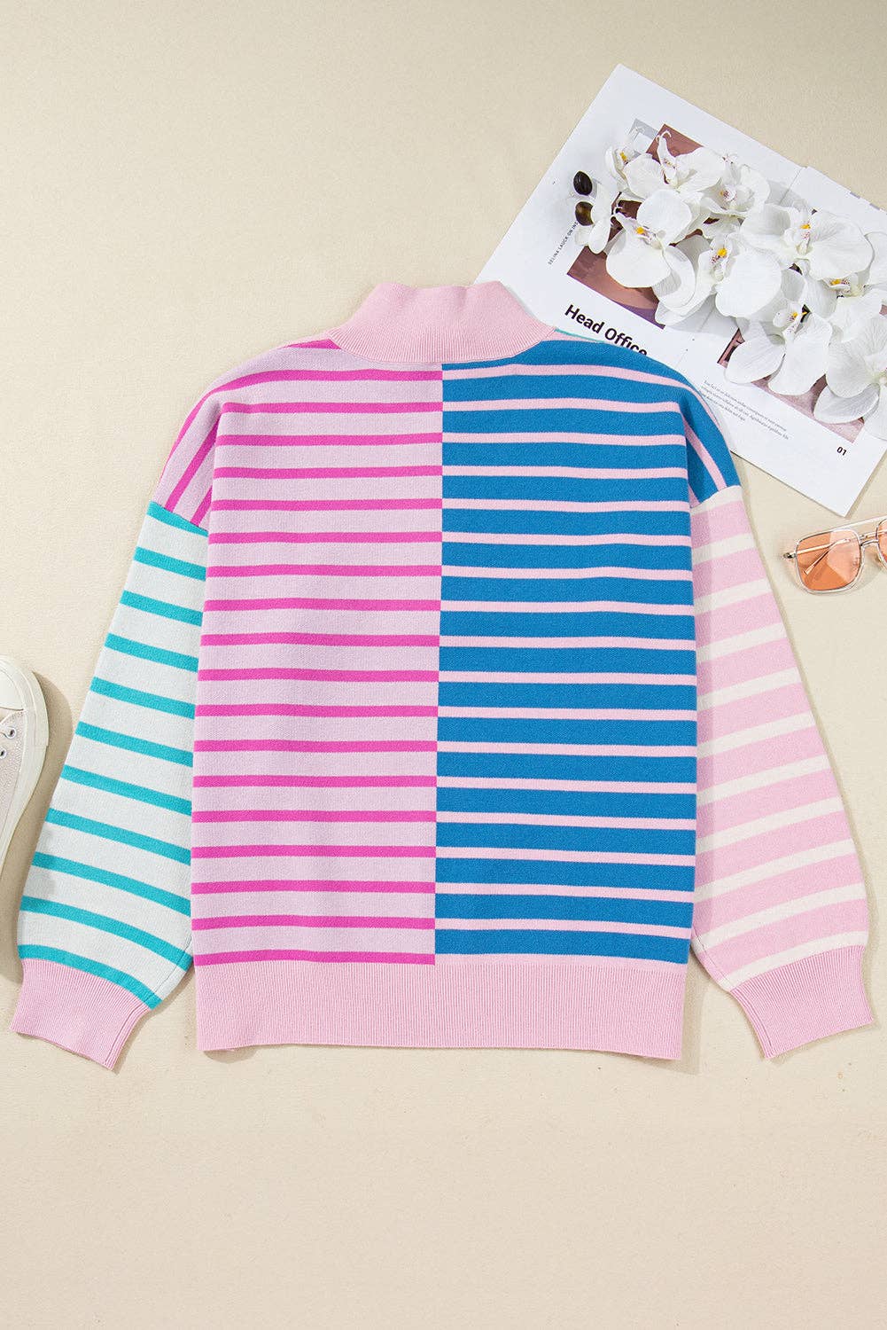 Hemelsblauwe streep Plus Size Gestreepte Colorblock Half Zip Trui voor groothandel op Faire6