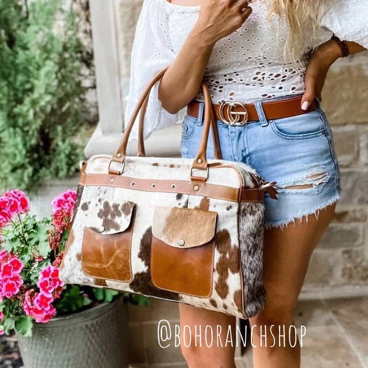 Boho Ranch Shop - Wholesale Weekender Bag - Women's - Weekender Duffle Leather Hair On Cowhide Duffel Travel Bag6