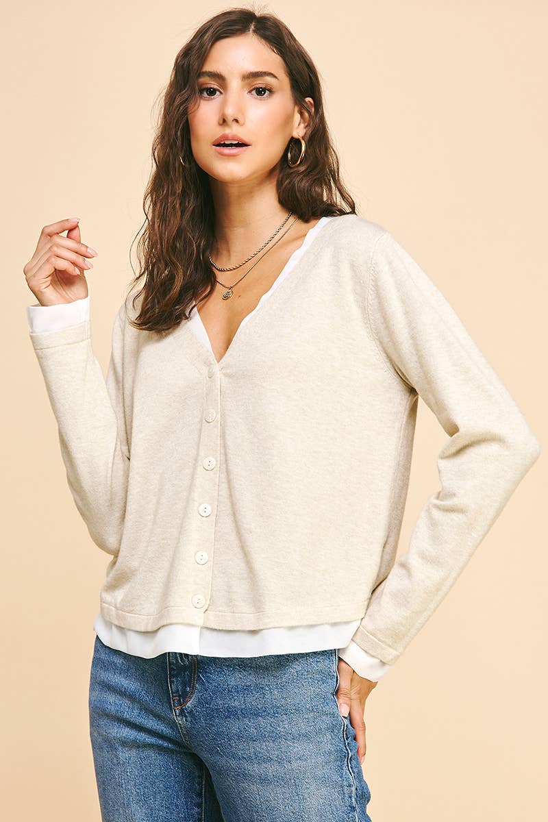 PINCH - Wholesale Knit Top - Women's - V-NECK WOVEN COMBO CARDIGAN TOP - 5831W0