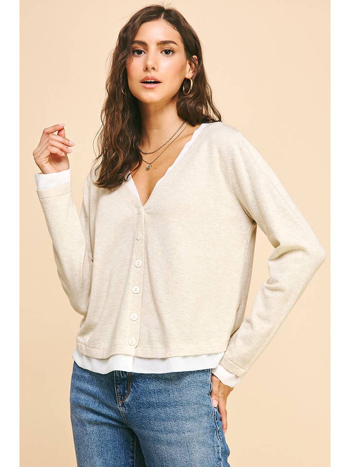 PINCH - Wholesale Knit Top - Women's - V-NECK WOVEN COMBO CARDIGAN TOP - 5831W