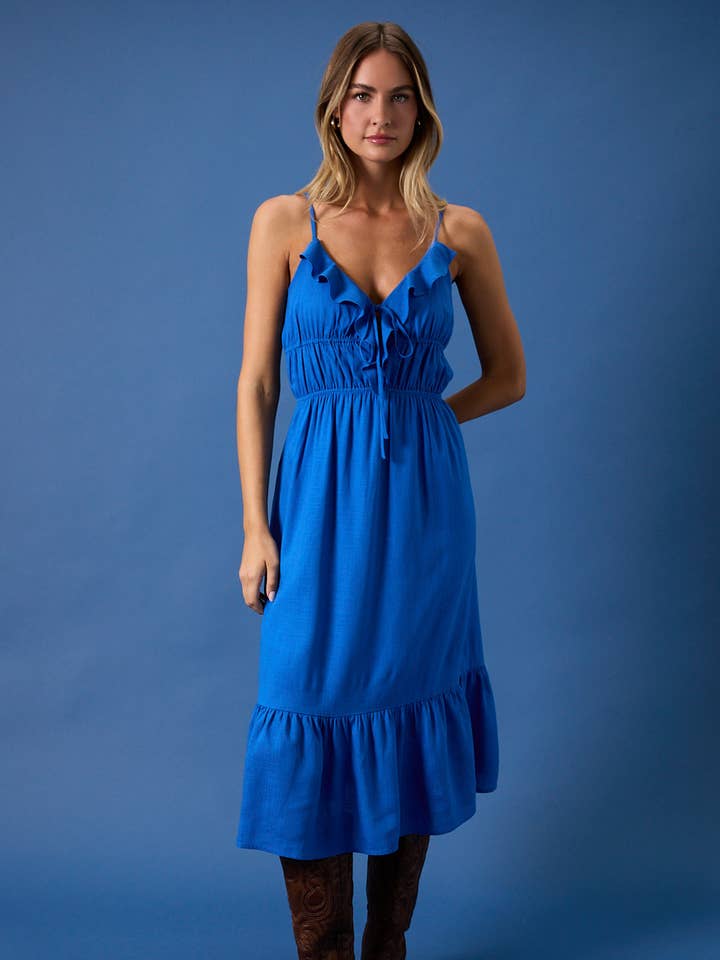 SLEEVELESS RUFFLES ON NECK LINE FIT & FLARE MIDI DRESS for wholesale by Sunday Edition