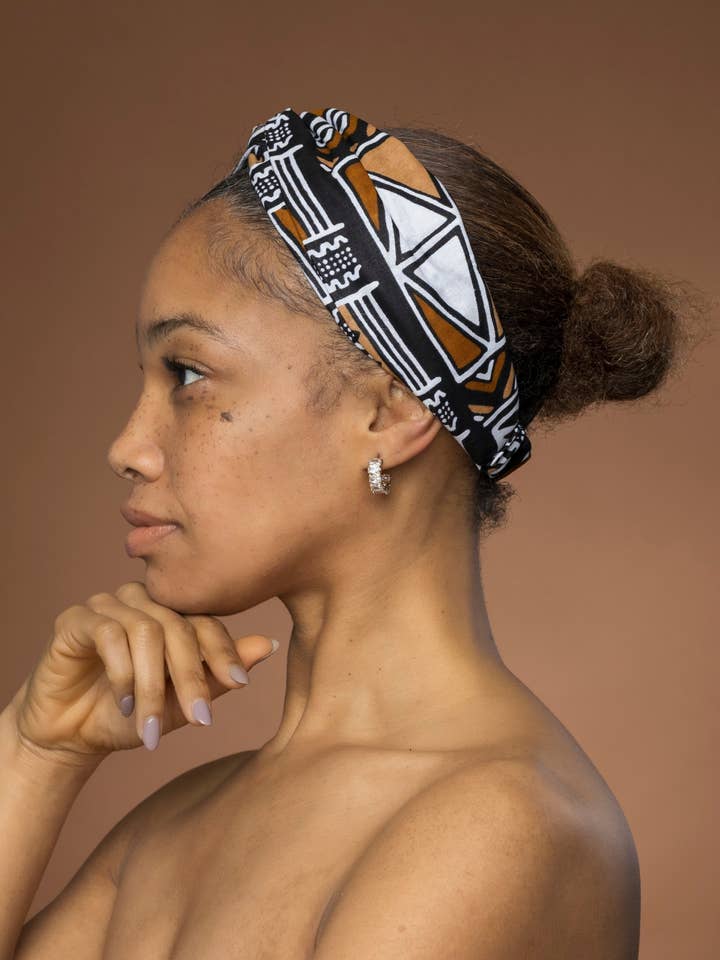 African print Headband - Adults - Hair Accessories - Brown Beige Bogolan Symbols for wholesale by AfricanFabs