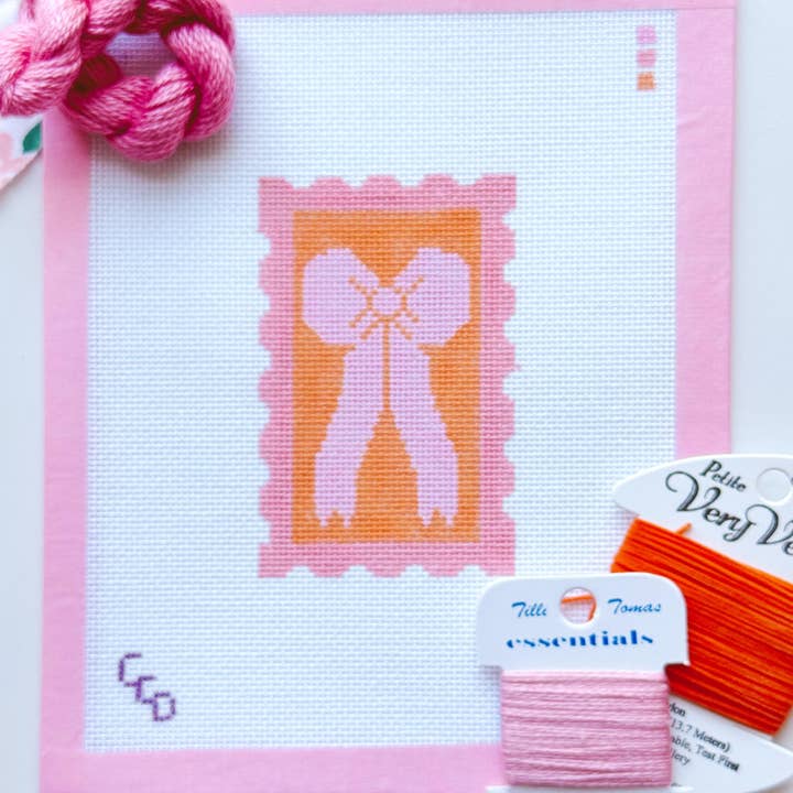 Cotswold Co Designs - Wholesale Embroidery/Cross Stitch Supplies - Pink Bow Needlepoint Canvas, 18 Mesh 2”x4” Design, Coquette Stamp Needlepoint Canvas, Bow Stamp Needlepoint Canvas2