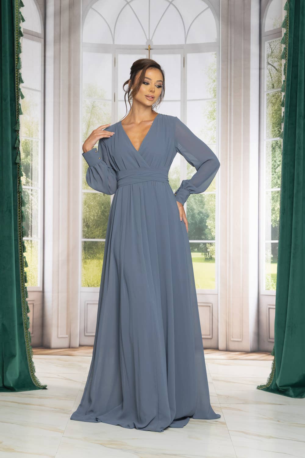 RICARICA INC. - Vendita all'ingrosso Vestito - Donna - 9011SO-ABITO LUNGO IN CHIFFON A MANICA LUNGA TINTA UNITA 8