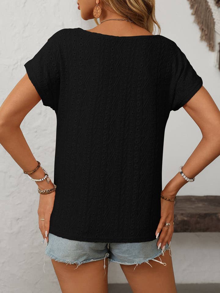Lovesoft - Wholesale Blouse - Women's - Solid Crewneck Button Short-sleeved Cut-out Top