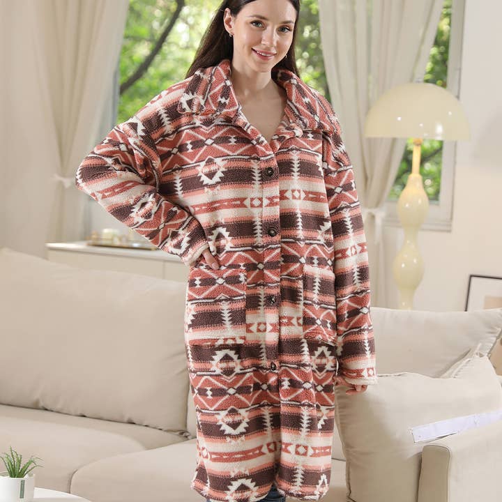 Fashion City - Wholesale Jacket - Women's - Aztec Pocket Sherpa Oversized Jacket10