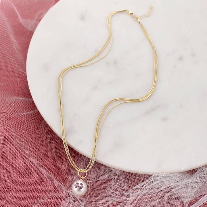 Seasons Jewelry - Wholesale Pendant/Charm Necklace - 18" Mississippi State Gold & Pearl Logo 3-Strand Necklace
