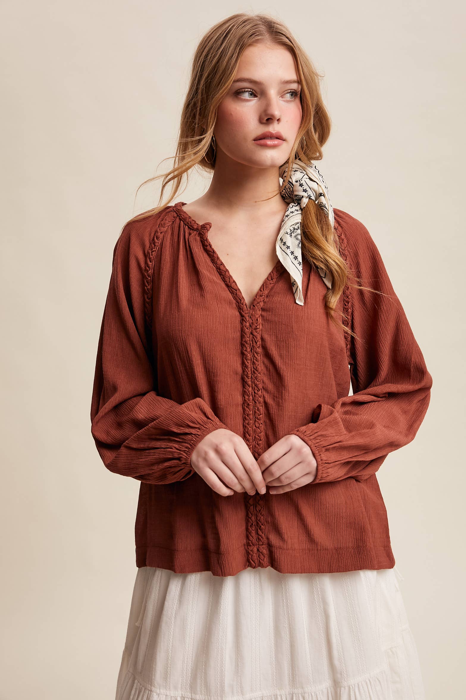 Listicle - Wholesale Blouse - Women's - Braided Trim Peasant Blouse LT144716