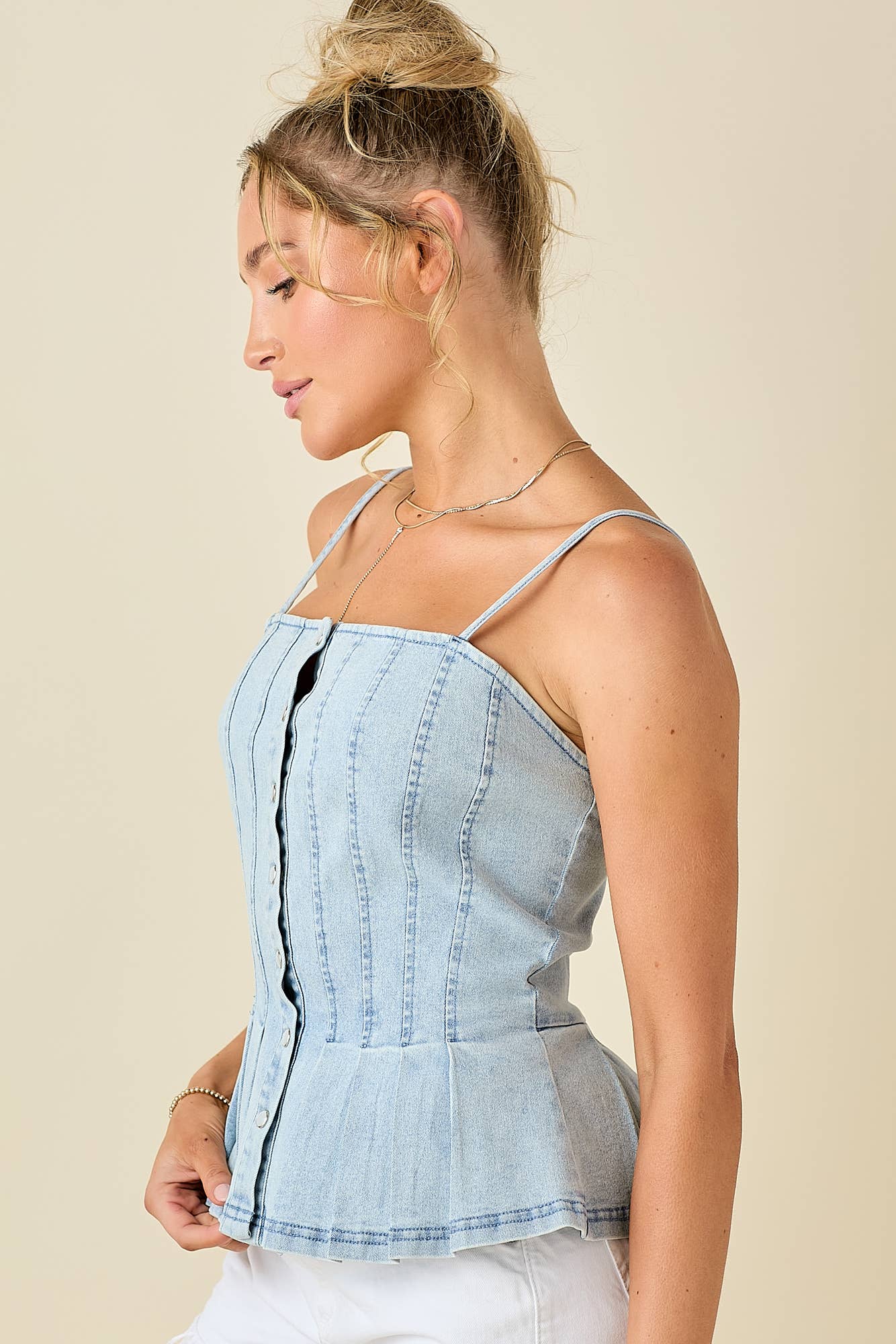 Pleated peplum style denim camisole top for wholesale on Faire6