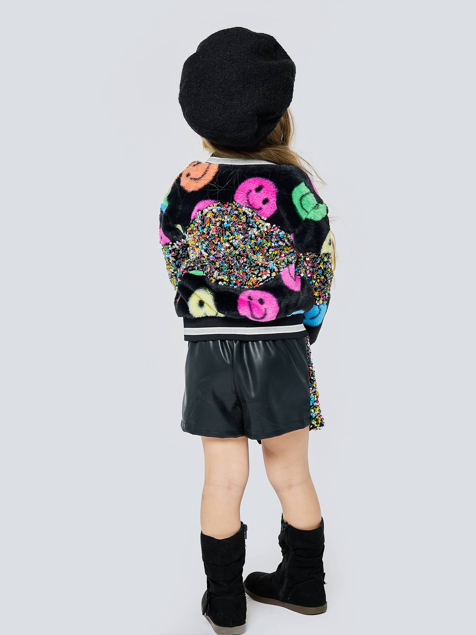 BLK MULTI FAUX FUR AND SEQUIN BOMBER JACKET for wholesale on Faire2