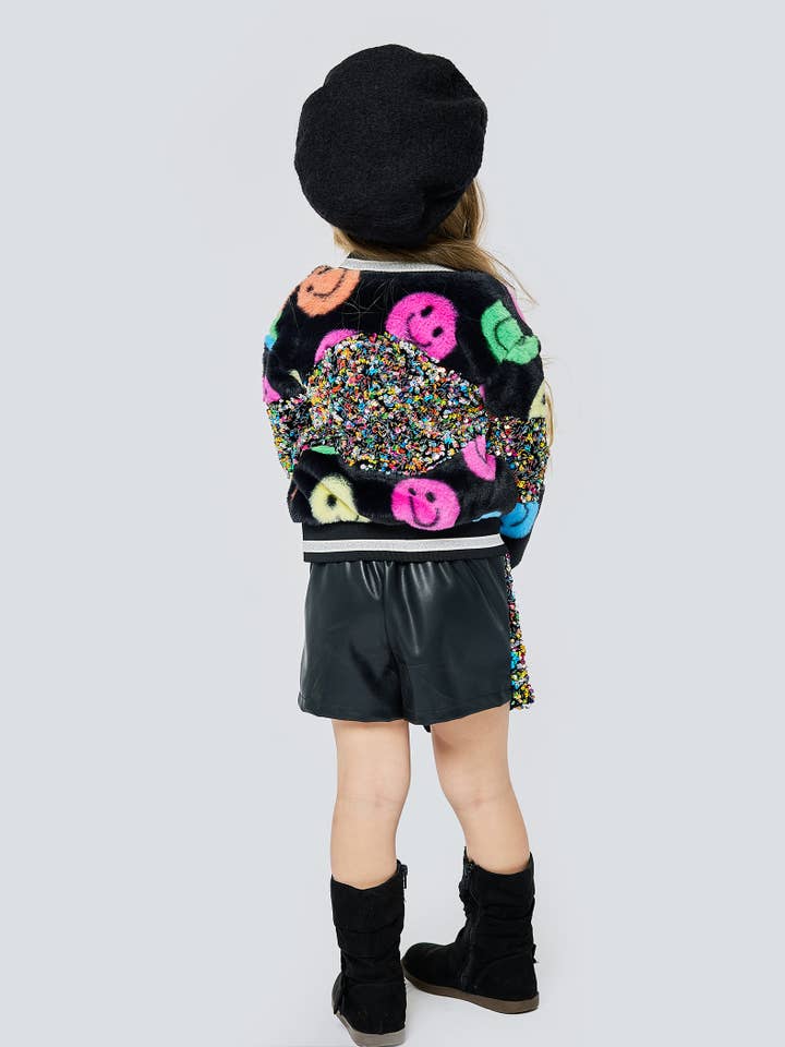 BLK MULTI FAUX FUR AND SEQUIN BOMBER JACKET for wholesale on Faire2