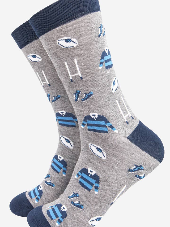 Sock Talk - Wholesale Socks - Men's - Men's Rugby Goal Kit Bamboo Socks in Grey and Navy Blue0