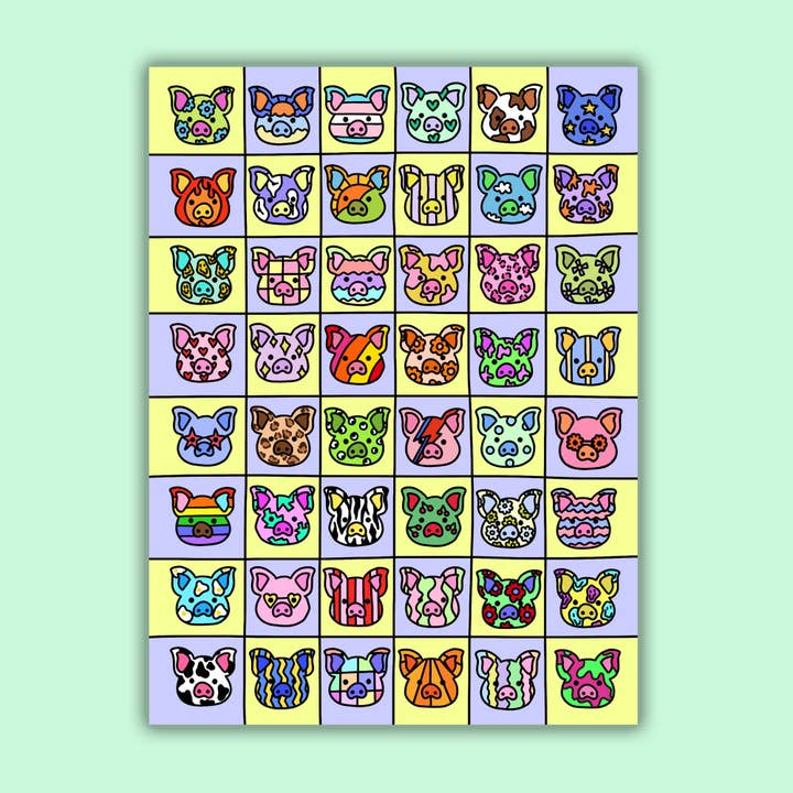 Illustration de cochons multicolores et à motifs Impression A4 pour la vente par The Clay Drop