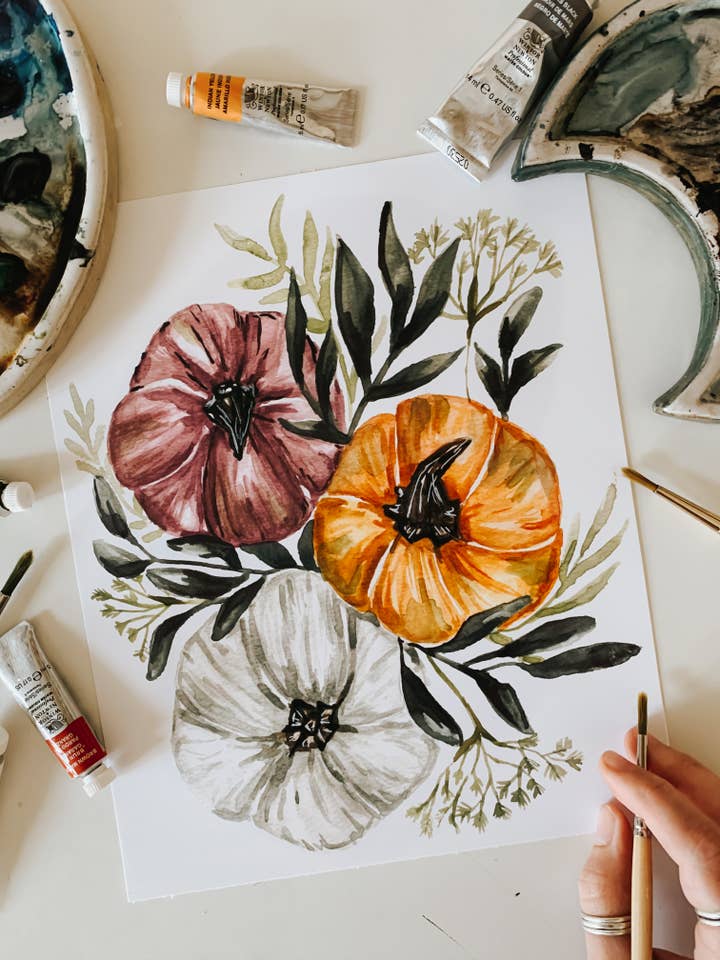 Bunter Kürbis-Aquarelldruck für den Großhandel von MacaelaMade