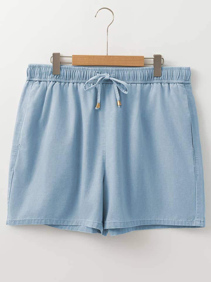 Beau Blue Washed Chambray Drawstring Elastic Waist Plus Size Shorts for wholesale on Faire3