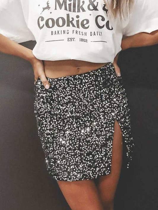 Flarix - Wholesale Skirt - Women's - Sequin High-Slit Bodycon Mini Skirt – Black8