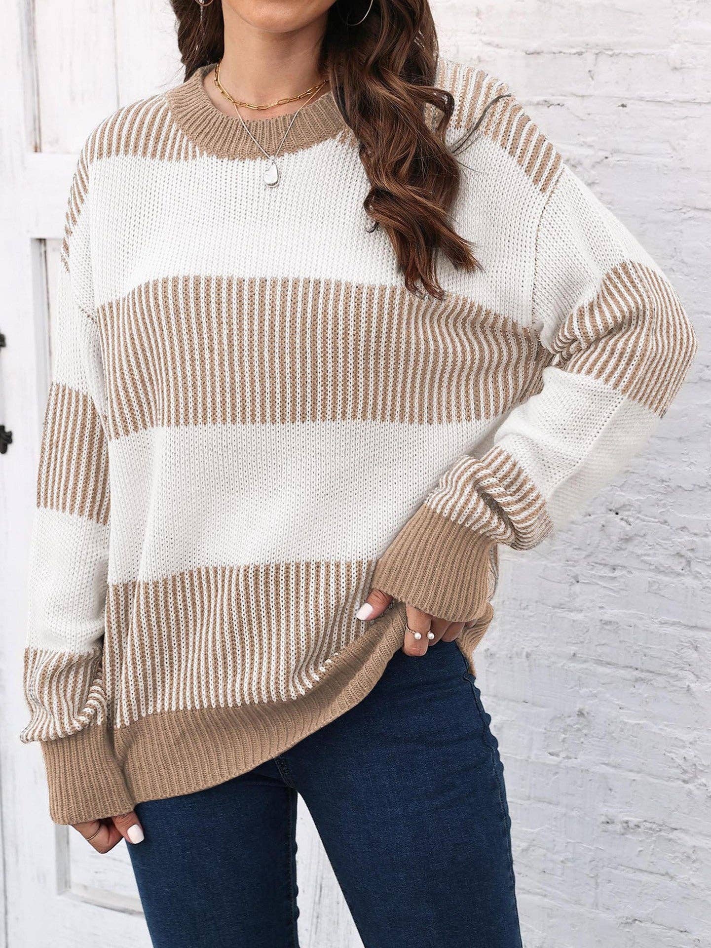 Suhkasana - Wholesale Knit Sweater - Women's - Plus Size Colorblock Striped Sweater | Cozy Fall/Winter Knit10